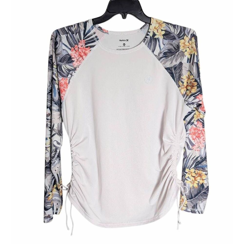 Hurley White gray coral tropical floral rashguard 50 SPF long slv swim top XXL